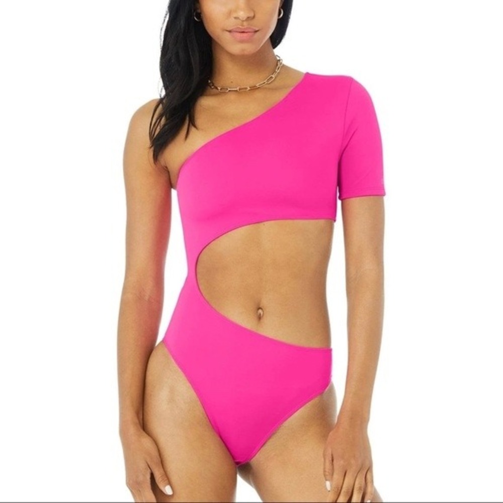 Alo Yoga Wave One Piece Swimsuit Bodice Hot Pink Cutout One Shoulder XS